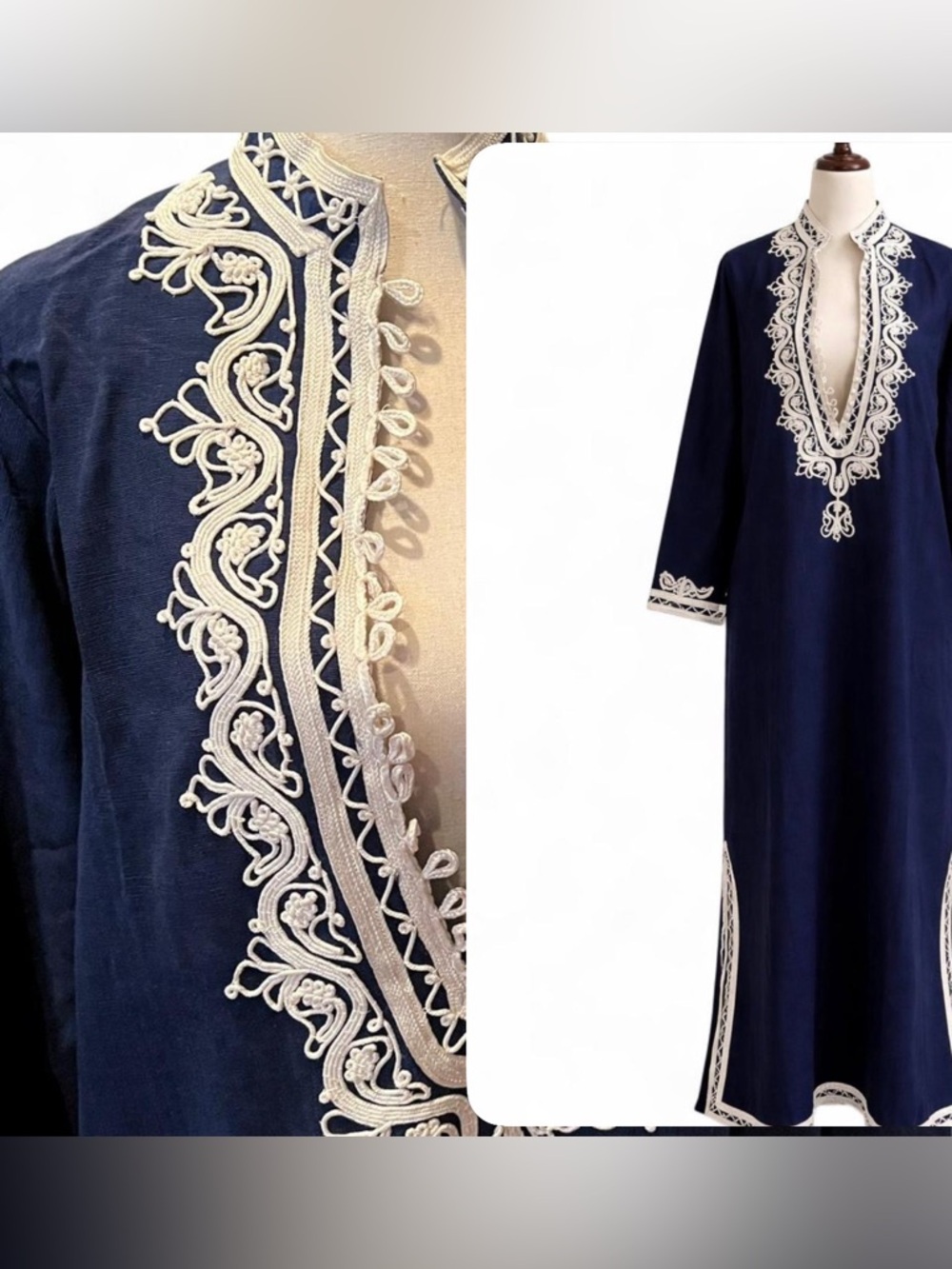 Vintage Navy Blue Dress with White Embroidered Trim